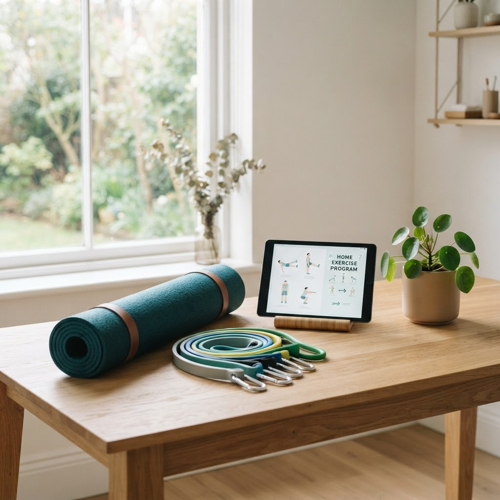 Allied health equipment including an exercise mat, resistance bands and a tablet neatly arranged on a sunlit table