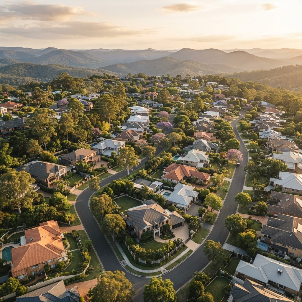 Aerial view of a peaceful Australian suburban neighbourhood at golden hour