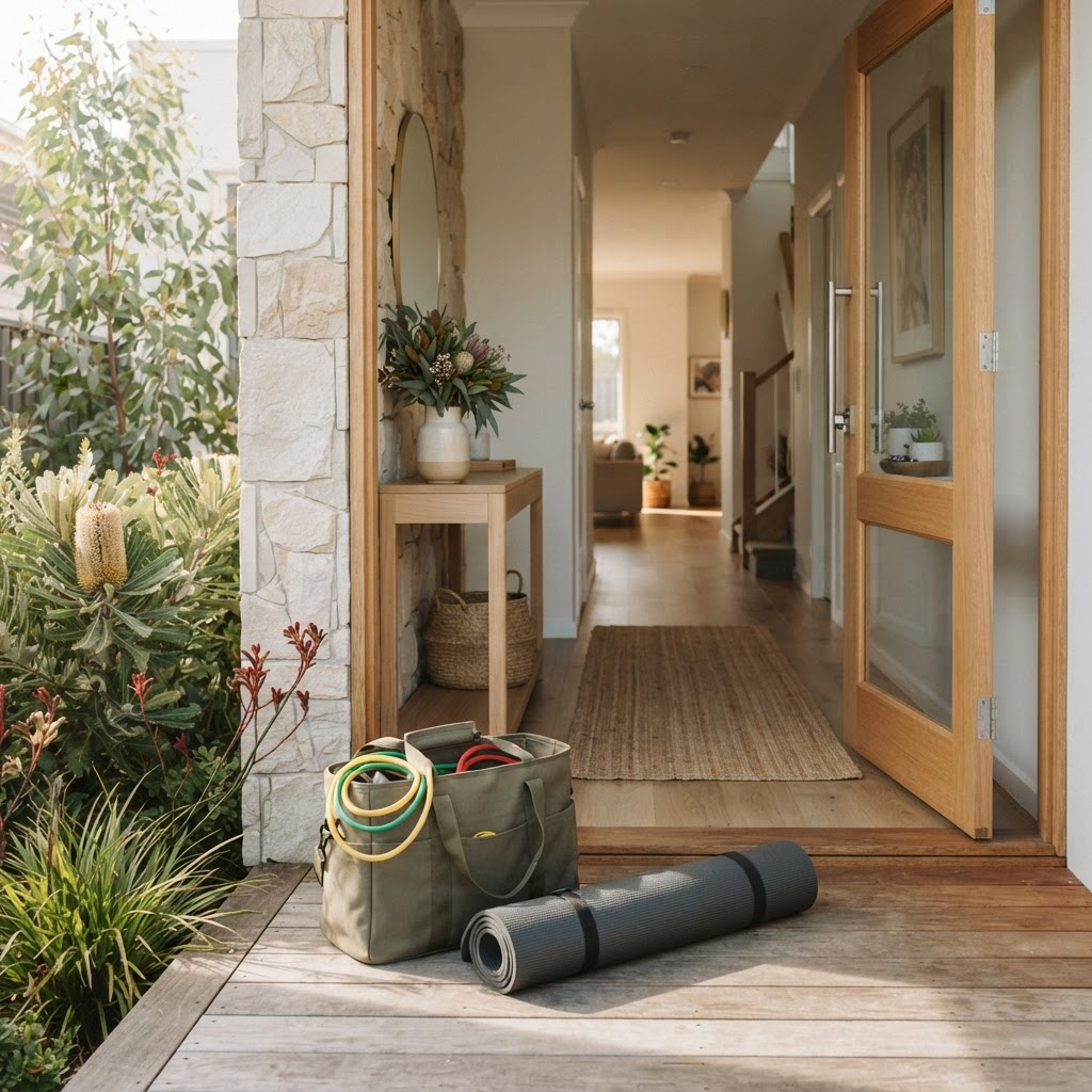 A physiotherapy visit bag with resistance bands and an exercise mat resting by a bright, welcoming Australian home entrance